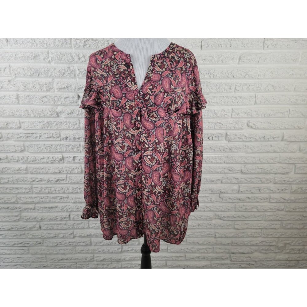 Evans Womens Shirt 26 Plus Long Sleeve Ruffle Button Burgundy PAI61E